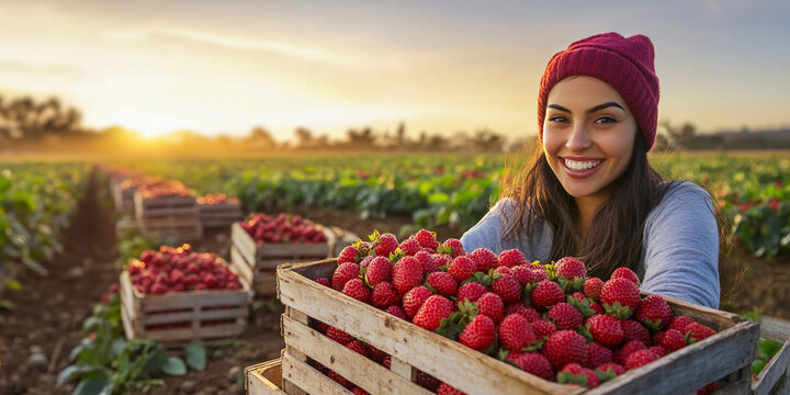Smiling woman harvesting strawberries at sunset
