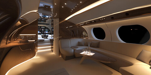 Luxurious private jet interior with modern design features