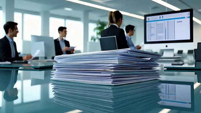 Office Workspace with Stacked Documents on Glass Table, Business Professionals, and Digital Screen Presentation

