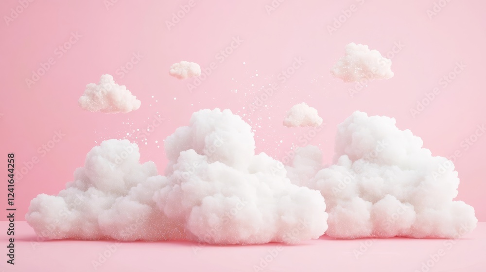 Poster soft white clouds float against a pastel pink background creating a dreamy atmosphere in a whimsical