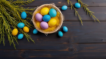 Obraz premium Easter background with easter eggs. Yellow sheet of paper for text, four blue easter eggs, willow branches, feathers. on a wooden light background. Top view, save the space. Happy Easter Greeting Card
