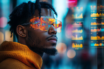 man wearing futuristic glasses with digital graphics reflecting on them, showcasing data analysis and technology in urban setting