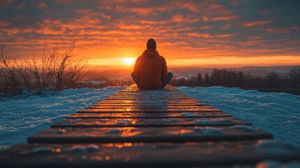 Sunset meditation winter landscape calm environment low angle reflection and serenity