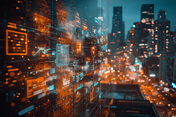futuristic cityscape with digital overlays, showcasing blend of technology and urban life. vibrant colors and glowing data elements create dynamic atmosphere