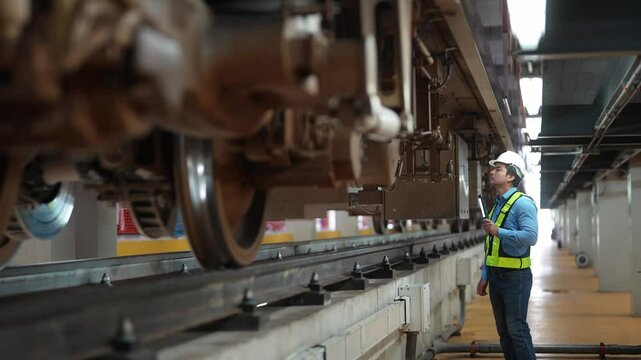 Railway Maintenance: A railway worker in a safety vest and hard hat inspects the undercarriage of a train on a track, highlighting the crucial role of maintenance in transportation systems.