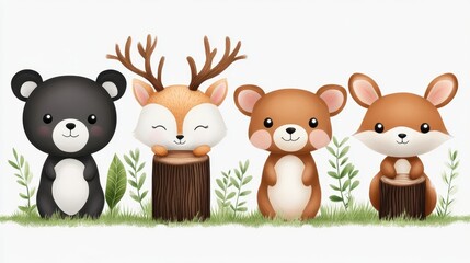 Fototapeta premium Cute Cartoon Forest Animals with Trees and Greenery Background