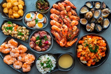Delicious seafood feast featuring a variety of dishes on a gray table