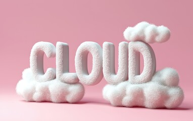 of the word CLOUD styled in fluffy white cloud formations, on a pastel background