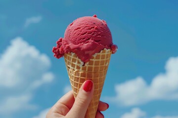Female hand holding a raspberry ripple ice cream cone against a blue sky, showing the beautiful red swirls