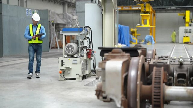 Industrial Oversight: A diligent worker in a hard hat and safety vest inspects machinery within a vast factory hall, emphasizing safety and operational efficiency in a manufacturing environment.