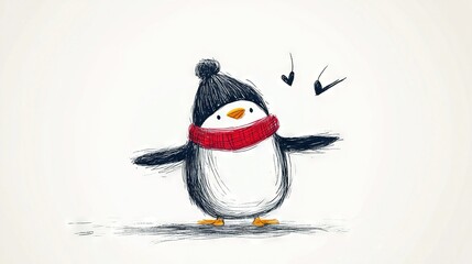   Drawing of Penguin Wearing Red Scarf, Black Hat with Pom-Pom