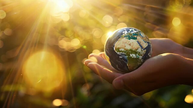 The hand holds a glowing rotating globe