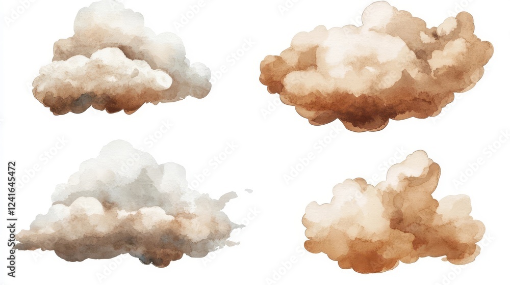 Poster various watercolor clouds showcasing different shapes and colors on a plain background