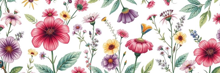 Obraz premium Botanical Tapestry Wallpaper: Wildflowers in Vibrant Hues
