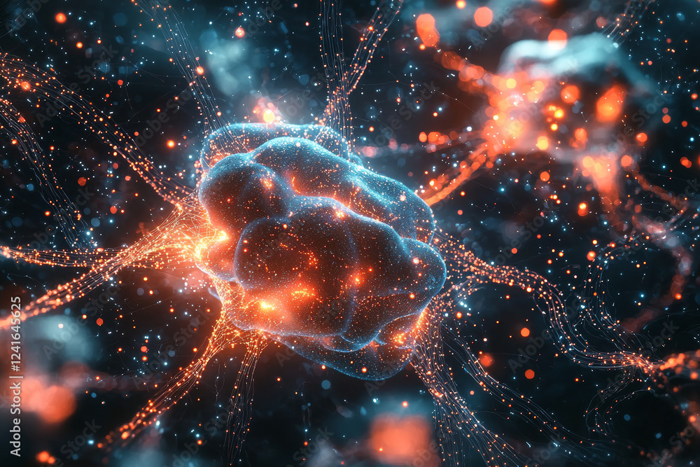 Poster vibrant, surreal representation of consumer mind, showcasing neural connections and glowing particle