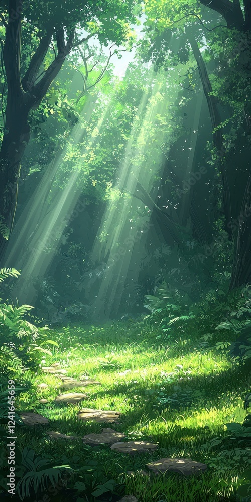 Poster sunlight filtering through lush trees serene forest path nature vibrant greenery tranquil environmen