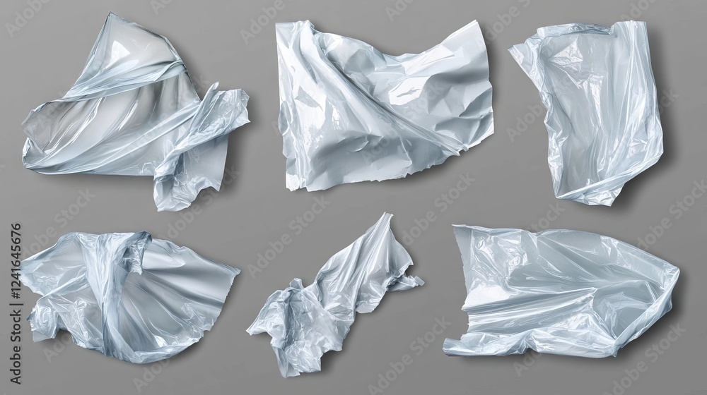 Poster Crumpled plastic sheets arranged on a neutral background create a textured visual study of form and light