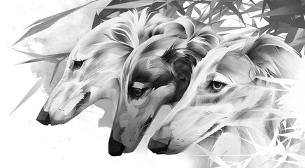 monochrome paintings of greyhound dogs in the foliage
