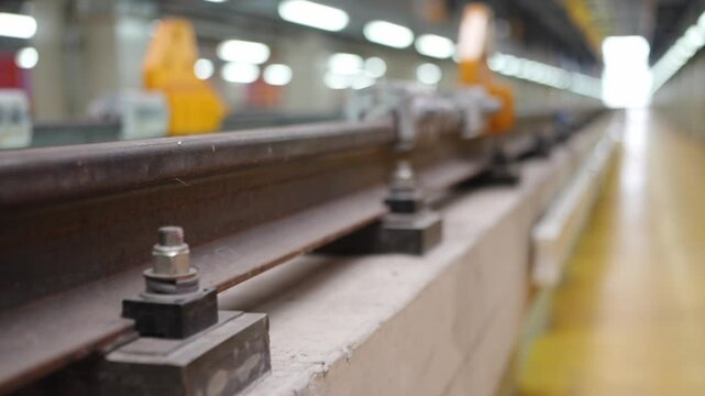 Railway Track Construction: Close-up of a newly constructed railway track, with robust metal rails secured to concrete sleepers by heavy-duty bolts, ready for the dawn of transportation.