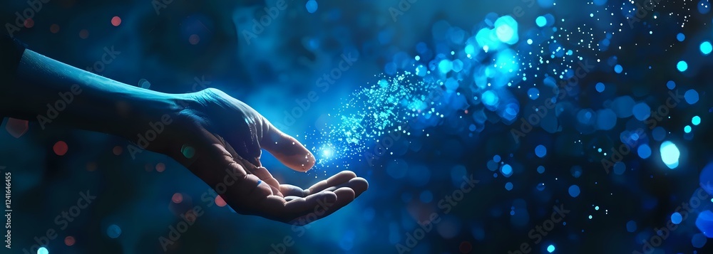 Poster mystical glowing blue particles float above an outstretched hand against dark background, creating m