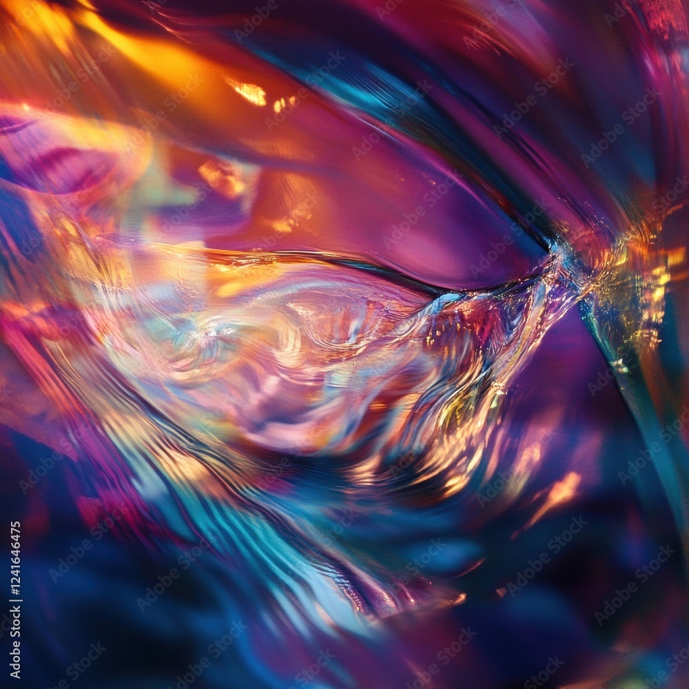 Poster colorful abstract patterns swirl together in mesmerizing liquid shapes under light reflections. gene