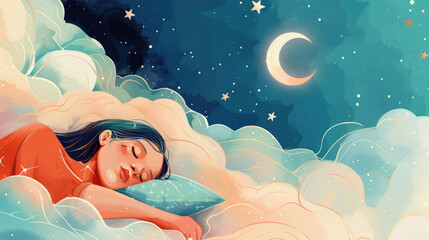 watercolor illustration, World Sleep Day, sleeping brunette woman with long hair on soft clouds, night starry sky, background, vintage postcard, copy space, free space for text
