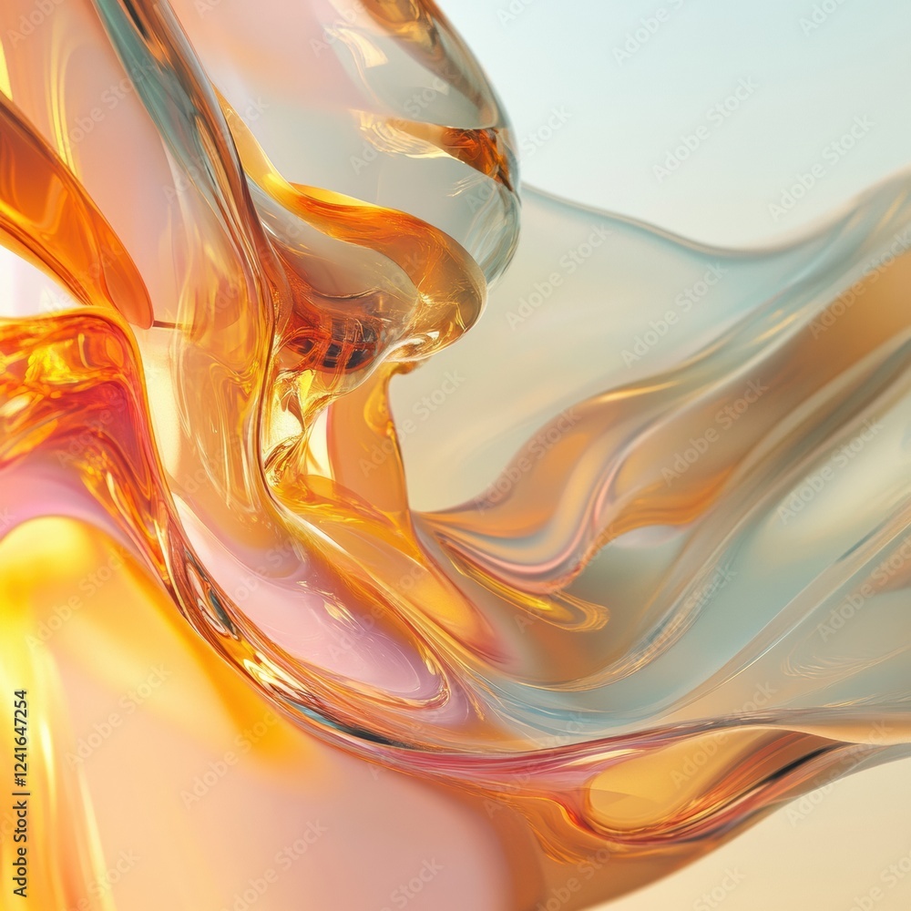 Poster colorful abstract liquid forming smooth curves and waves in a soft light environment. generative ai