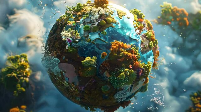 The earth covered with trees rotates in the space