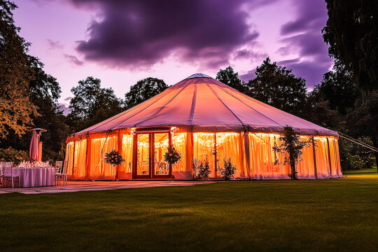 Yourte illumin&eacute;e install&eacute;e dans un parc pour r&eacute;ception, mariage, &eacute;v&egrave;nement, festif