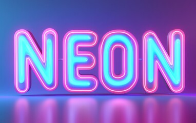 of the word NEON glowing in vibrant electric blue and pink colors, on a pastel background