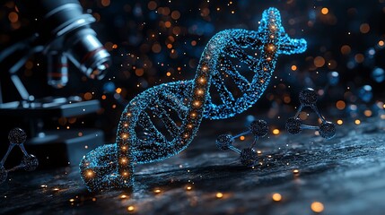 A close-up view of a glowing DNA double helix structure with a microscope in the background, symbolizing genetic research
