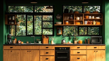 Lush Green Kitchen With Wooden Cabinets And Tropical Views