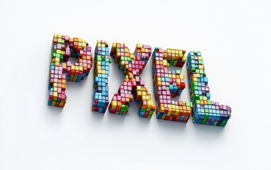 of the word PIXEL made from colorful pixelated squares, isolated on white