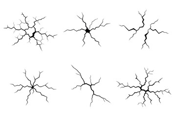 Earthquake Damage set icon Vector art. Cracked Ground and Concrete, Surface Fissures and Crevices, Broken Land and Wall Patterns, Top View Isolated on White Background