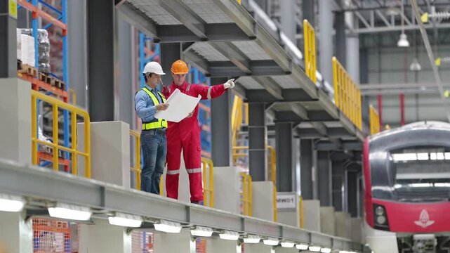Railway Engineering Collaboration: Two engineers, one in red overalls and a hard hat, the other in blue shirt and white helmet, review blueprints inside a modern train maintenance facility. A sleek.