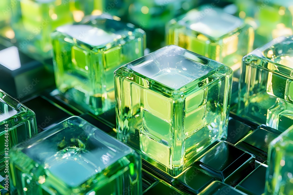 Poster green translucent glass cubes arranged in rows with light reflections creating modern geometric patt
