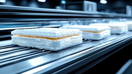 Packaged Mattress Pads Moving on Conveyor Belt