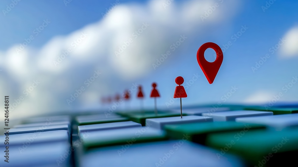 Poster pixel art navigation red figures and map pointer on grid