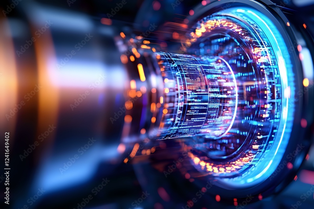 Poster futuristic quantum computing concept with glowing blue energy tunnel and digital circuit patterns, a