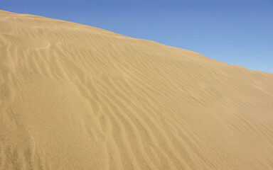 A sand dune in the desert with a blue sky
