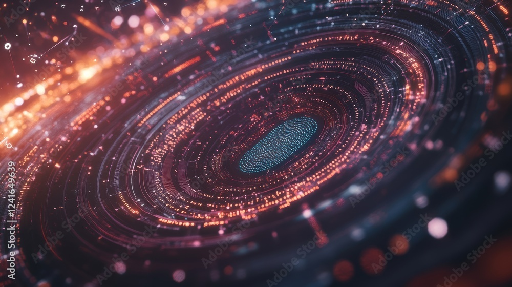 Poster futuristic cyberspace interface displaying a fingerprint being scanned, representing secure data acc