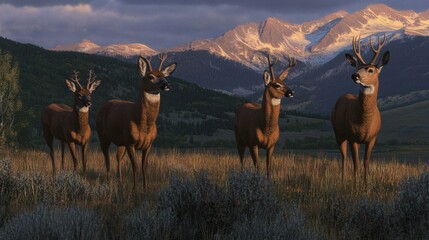 Majestic Deer Grazing in a Serene Mountain Landscape at Dusk