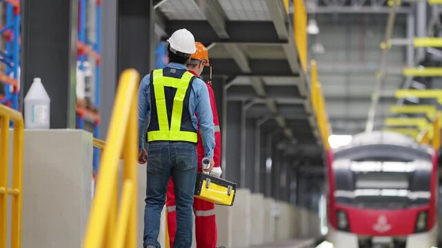 Industrial Collaboration: Two construction workers, donned in hard hats and safety vests, discuss blueprints near a modern train, symbolizing progress and teamwork in industrial development.
