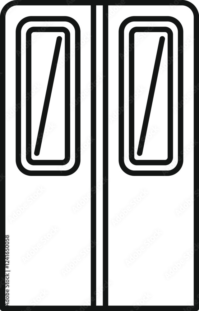 Poster simple black and white line drawing of a double door, featuring rectangular windows with diagonal li