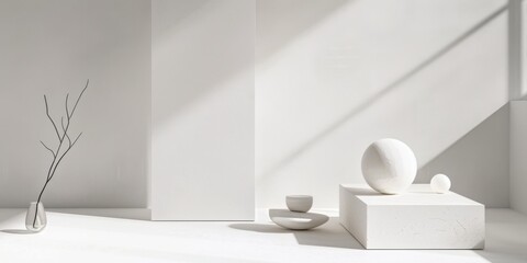An artistic minimalist aesthetic featuring a stark white backdrop, Circular elements arranged artistically, Modern minimalist style