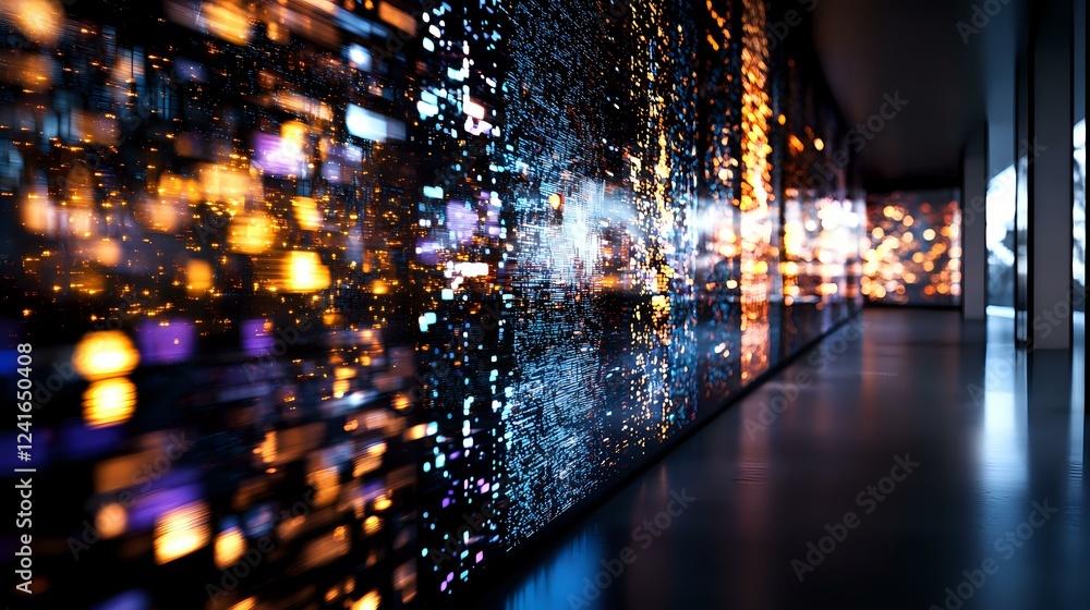 Aufkleber glowing abstract bokeh lights on dark reflective surface with blurred corridor perspective, creating