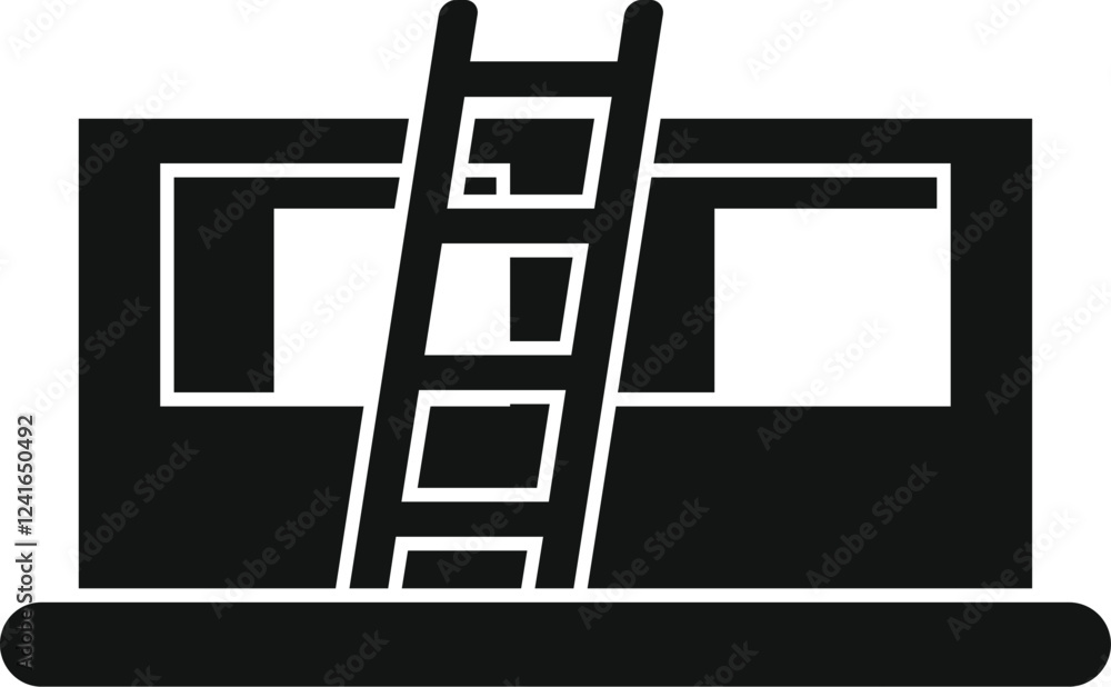 Poster simple black icon of a house under construction with ladder and empty window frames, representing bu