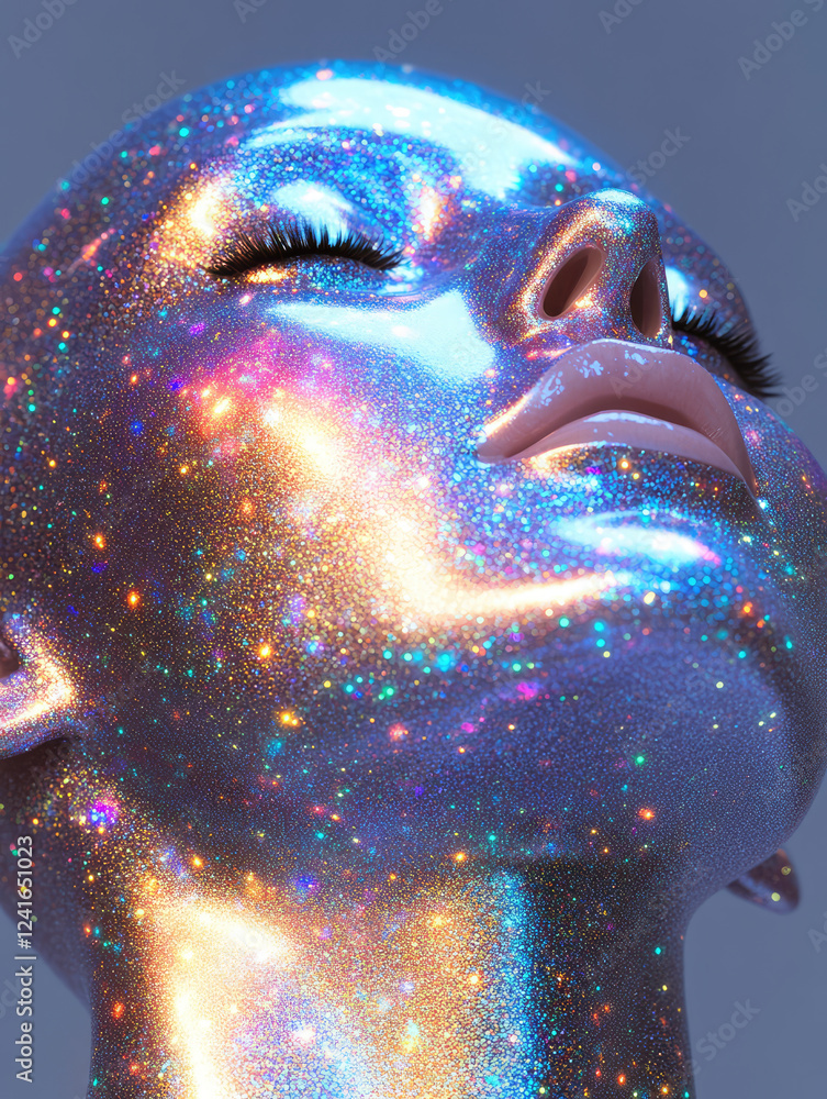Poster hyper realistic portrait of person with shimmering, glittery face reflecting vibrant colors and spar