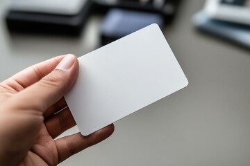 Obraz premium Hand holds a blank white plastic card against a minimalist workspace background suitable for design and branding projects
