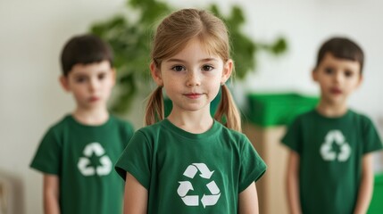 A group of children wearing green shirts with a recycling symbol, promoting environmental awareness and sustainability.